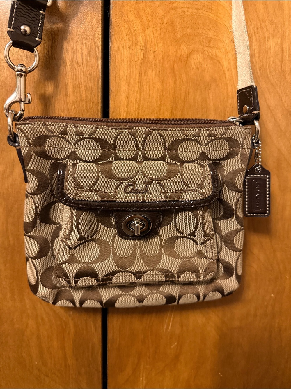 Coach Brown Signature Canvas Crossbody with Leather Trim